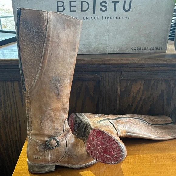 BED|STU Rustic Tan Leather Boots red bottom - Picture 2 of 4